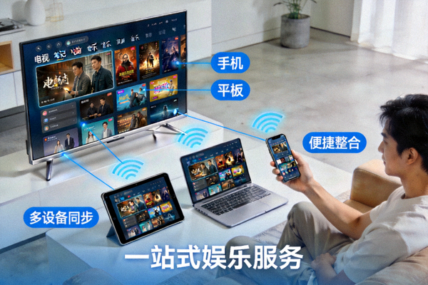 现代用户在多种设备上享受一站式娱乐服务的场景示意图，展现便捷与整合的概念
